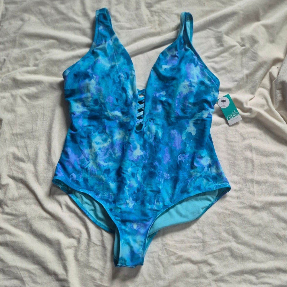 Outdoor Oasis Aqua Tie Dye Lattice V-Neck One Piece Swimsuit Plus Size 0X NWT